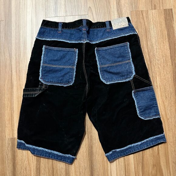 Y2K/2000s Black Blue Velvet Baggy Velvet Jean Denim Shorts Carpenter Skater - Picture 2 of 8